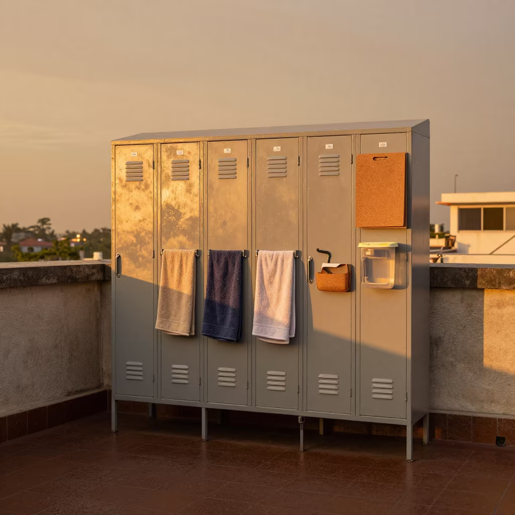 Monsoon Sunset Light on Yoga Studio Locker Rack in inside a yoga studio before the session begins near Thane