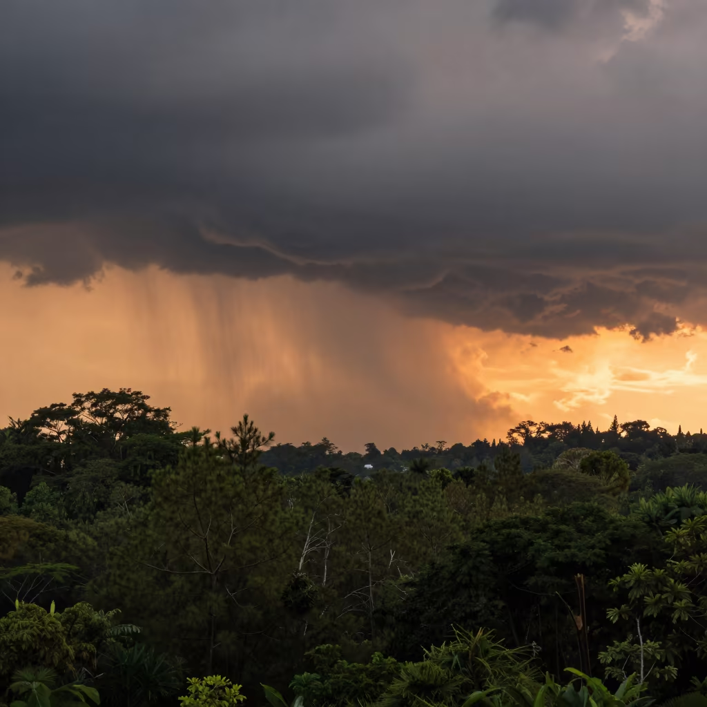 Monsoon Thunderhead Over Singapore Pine Forest at Sunset in beneath fast-moving cloud bands in Singapore