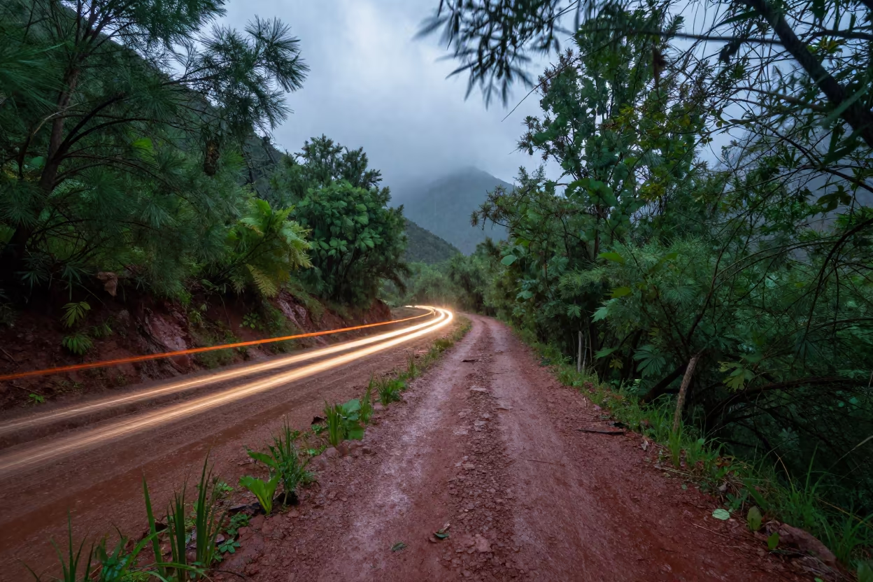 Monsoon Trail Light Streaks in Gansu Mountains in along a game trail in Gansu