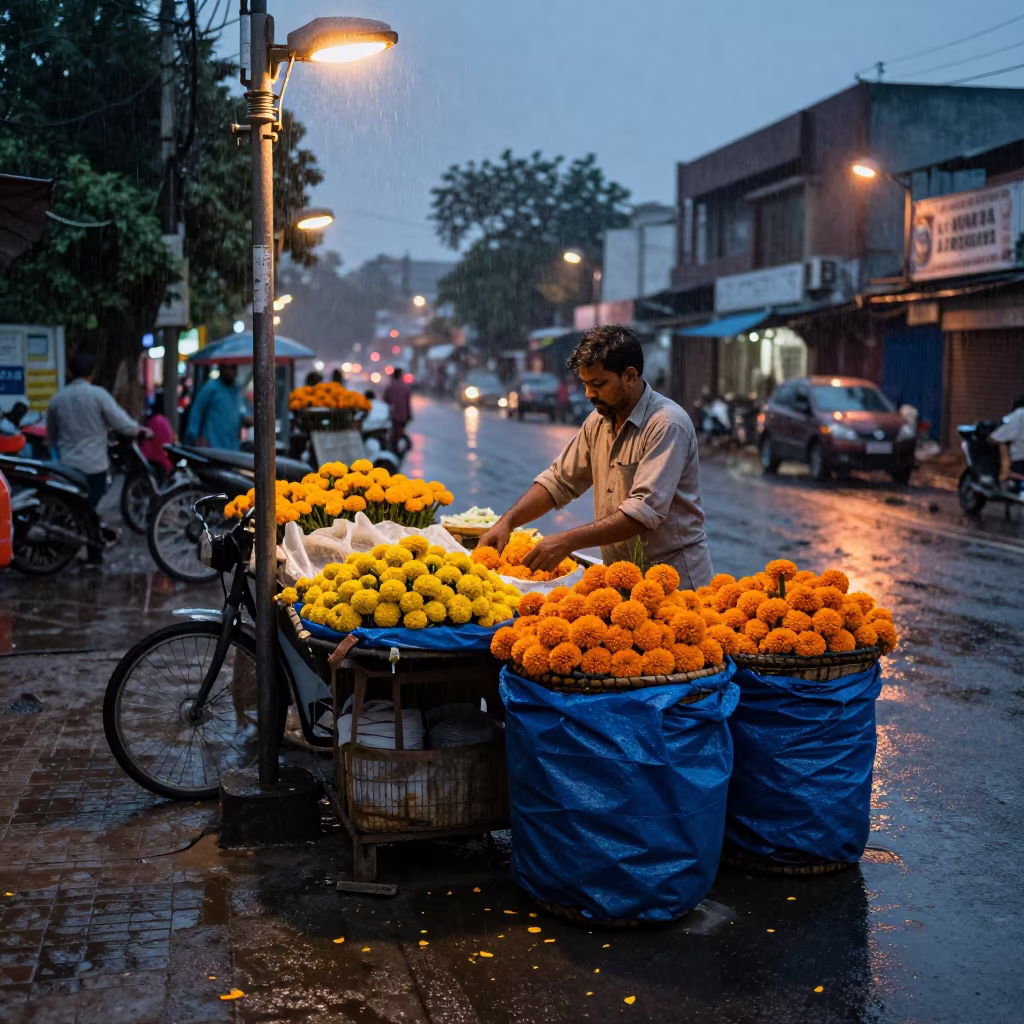 Monsoon Twilight Flower Stand Closing in Akola in along a market-lined side street in Akola