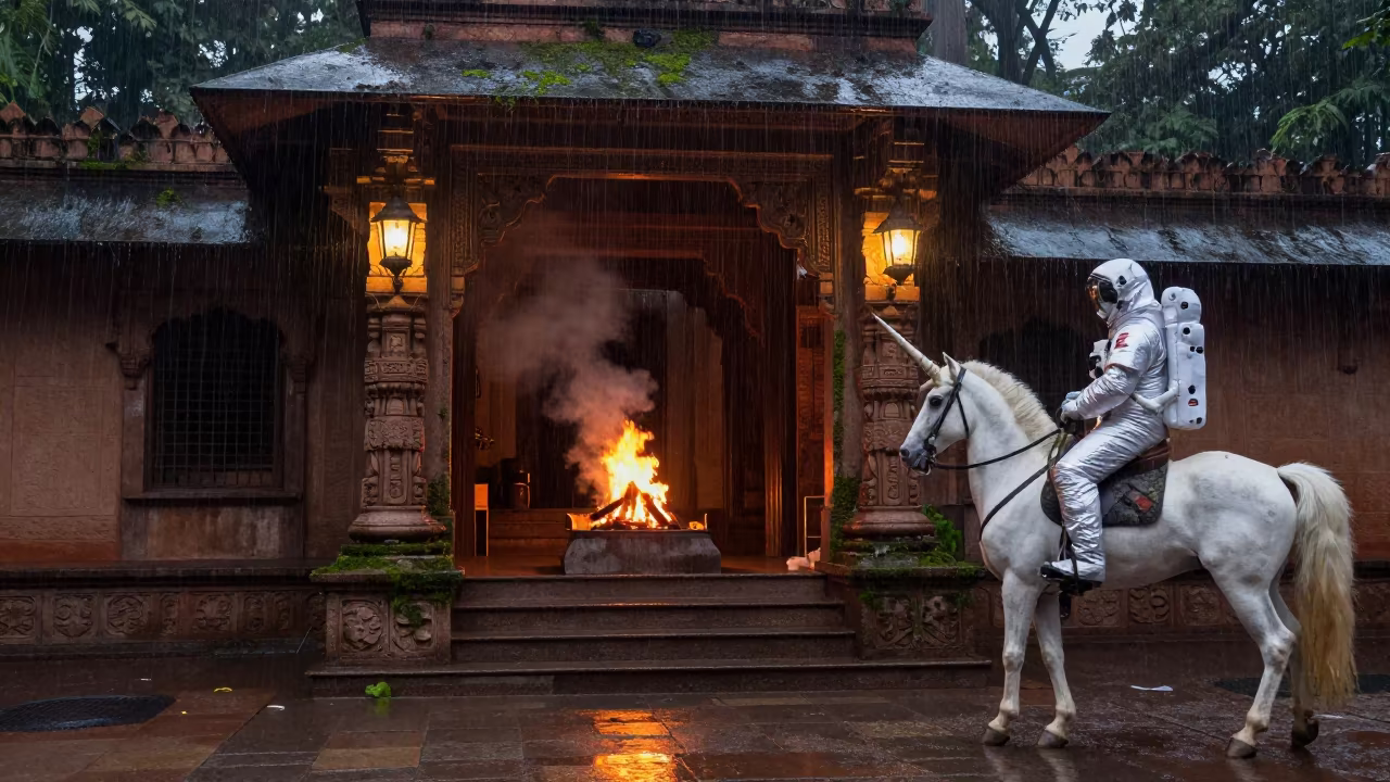 Monsoon Twilight Funeral Pyre Astronaut Unicorn in at a shrine entrance in India