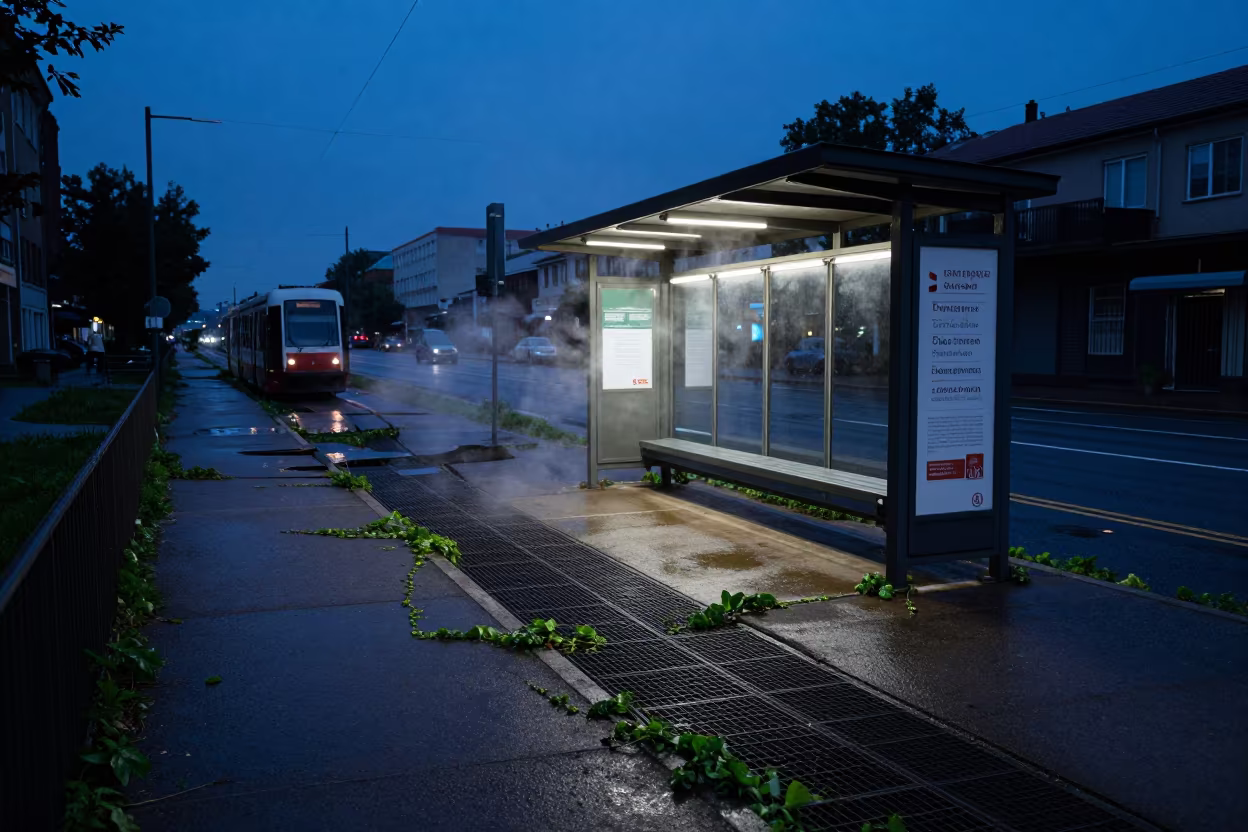 Monsoon Twilight at Tongi Tram Stop with Ivy in at a tram stop in Tongi