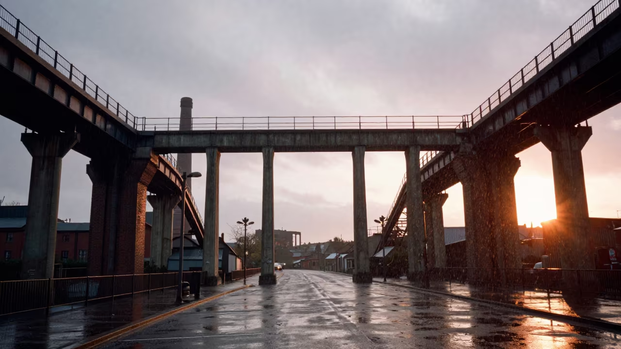 Monsoon Viaduct Curving Through Brick Kilns in under a viaduct of steel and concrete near Salford