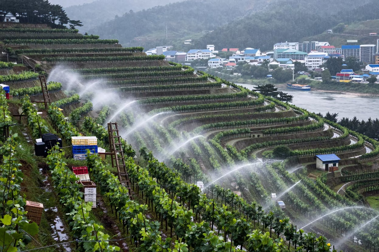 Monsoon Vineyard Terraces Above River Valley Busan in among orchard ladders and crates in Busan
