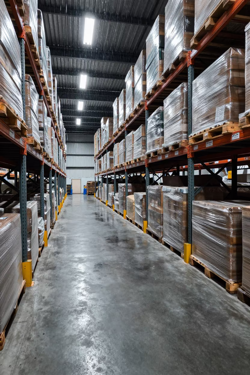 Monsoon Warehouse Aisle Multan After Rush in inside a warehouse aisle near Multan