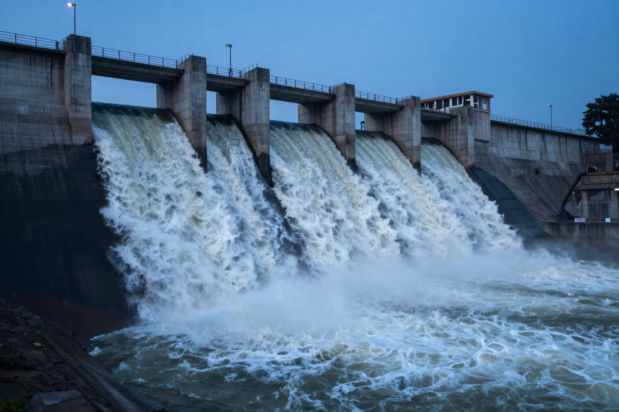 Monsoon Water Wall at Ason Dam Spillway in along concrete walls above turbulent water near Ason, Kathmandu