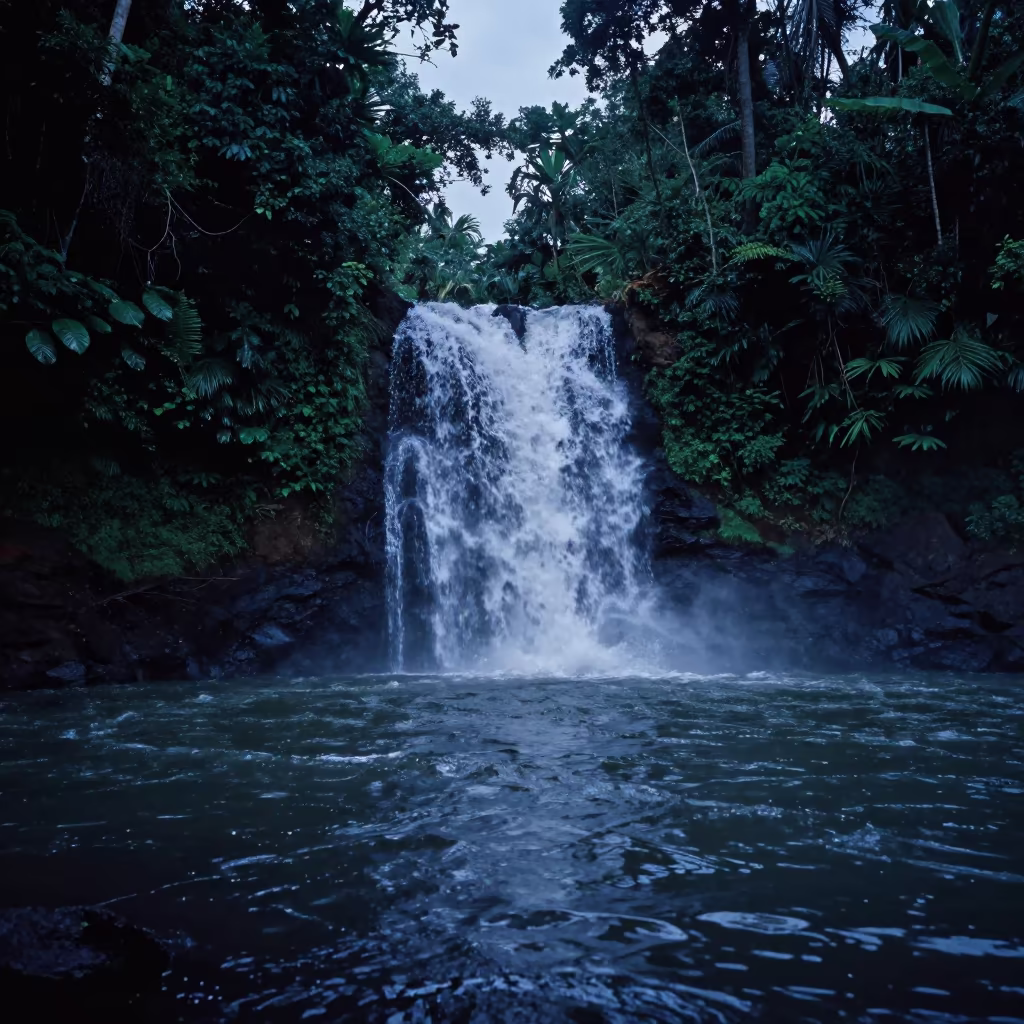 Monsoon Waterfall on Goa Shoreline at Blue Hour in along a wave-cut shoreline in Goa