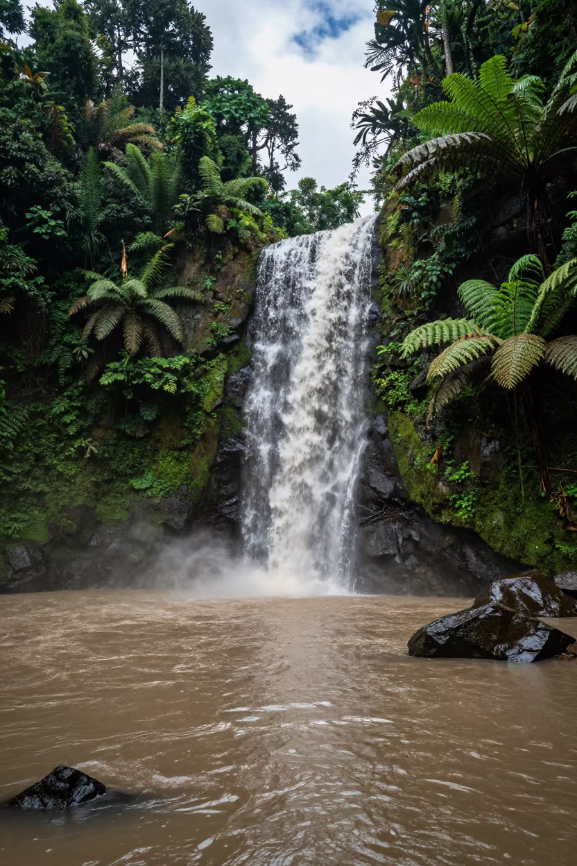 Monsoon Waterfall Noon Light Jungle Gorge Singapore in across a floodplain after rain near Singapore