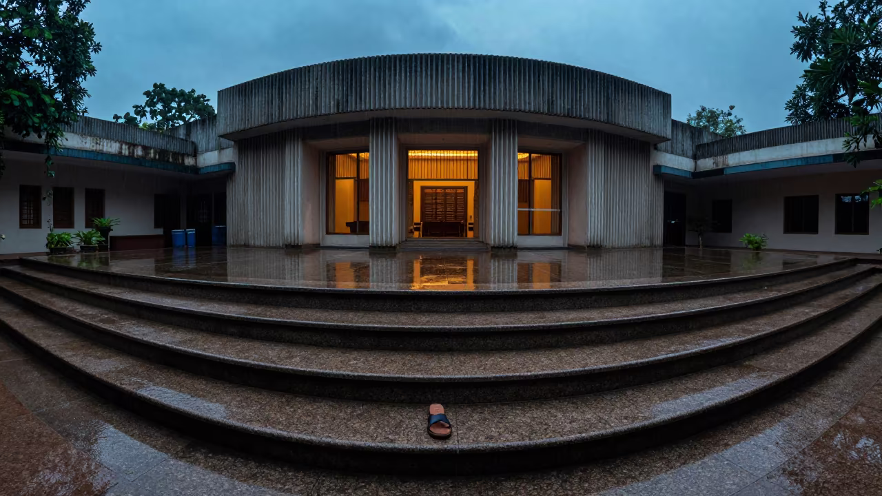 Monsoon Wet Steps Blue Hour Palazzo Solapur in inside a ribbed concrete lobby in Solapur
