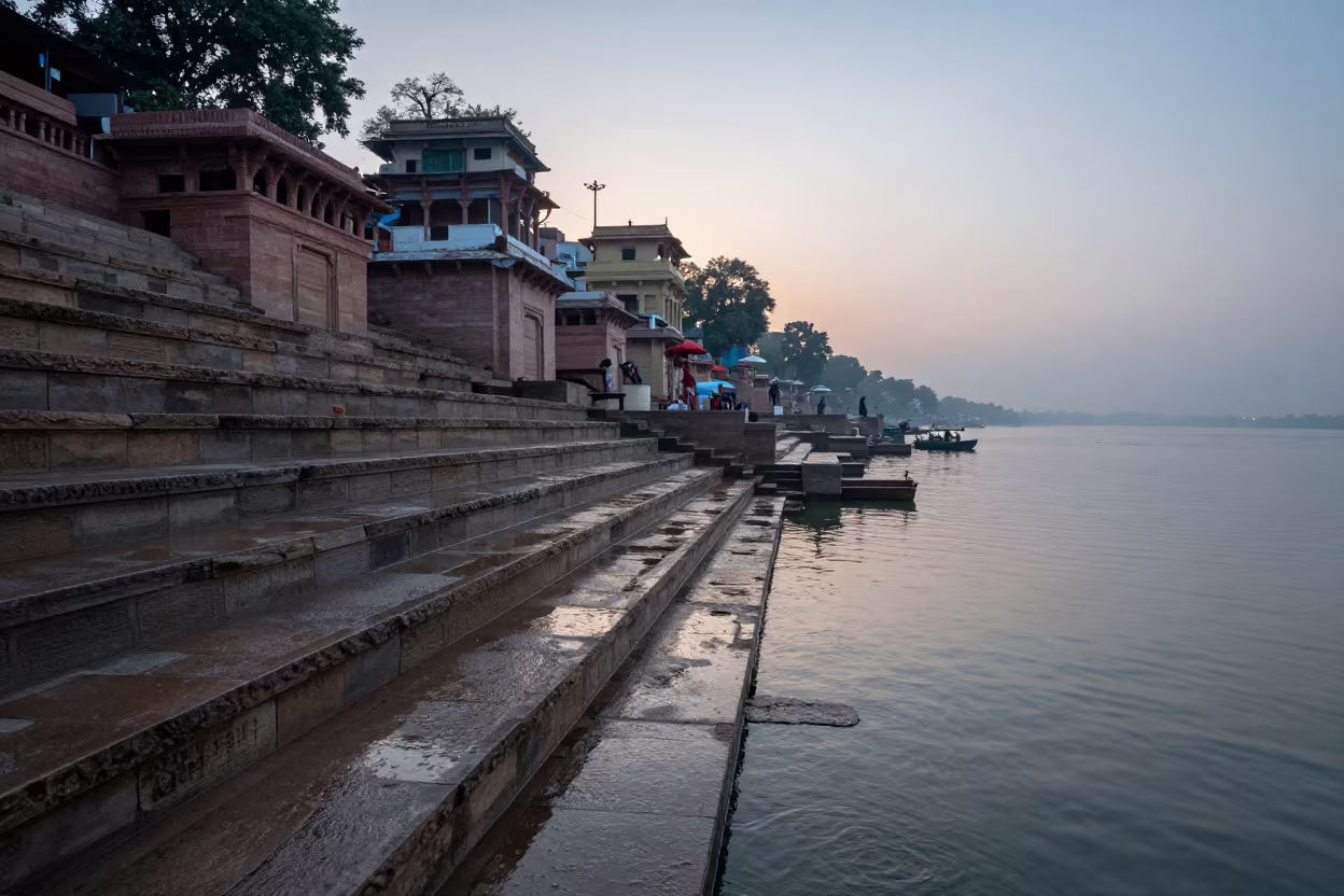 Monsoon Wet Stone Ghats Reflecting Sky Blue Hour in in a cloister garden near Varanasi