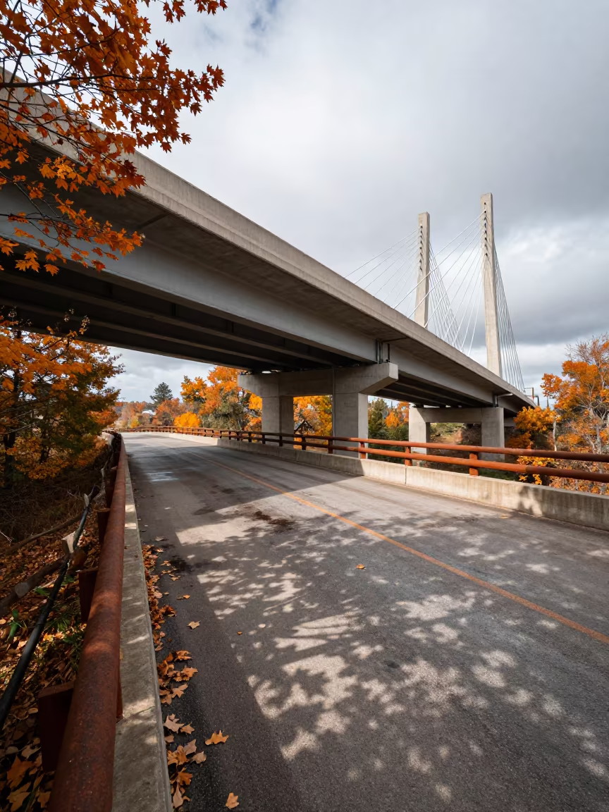 Montana Flyover Deck Under Cable Bridge in Autumn in under a cable-stayed bridge span in Montana