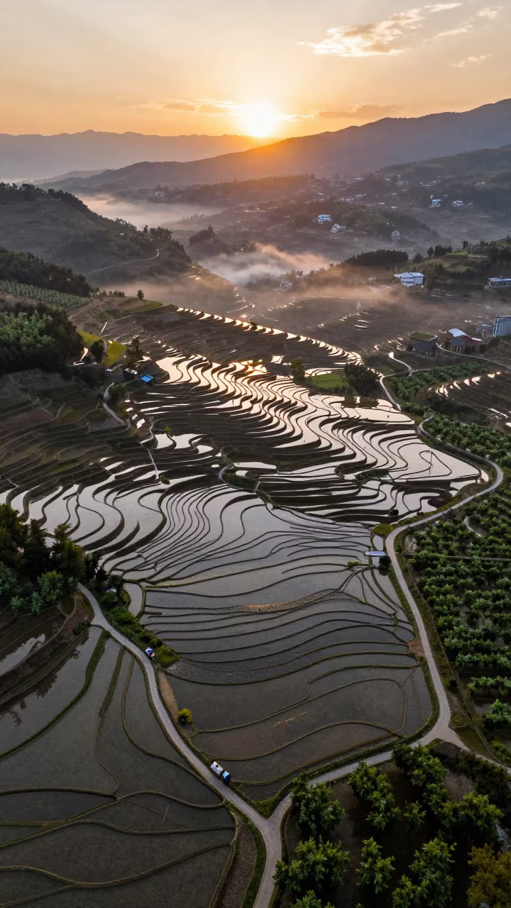 Montana Rice Terraces Copper Sunset Fog in far above orchard blocks and irrigation lines in Montana