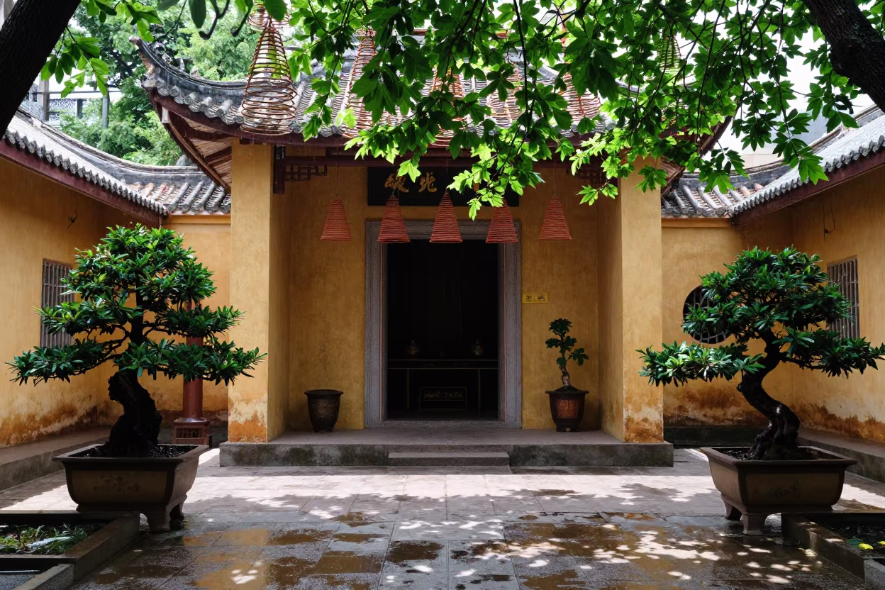 Montana Shrine Courtyard with Hanging Incense and Bonsai in at a shrine entrance in Montana