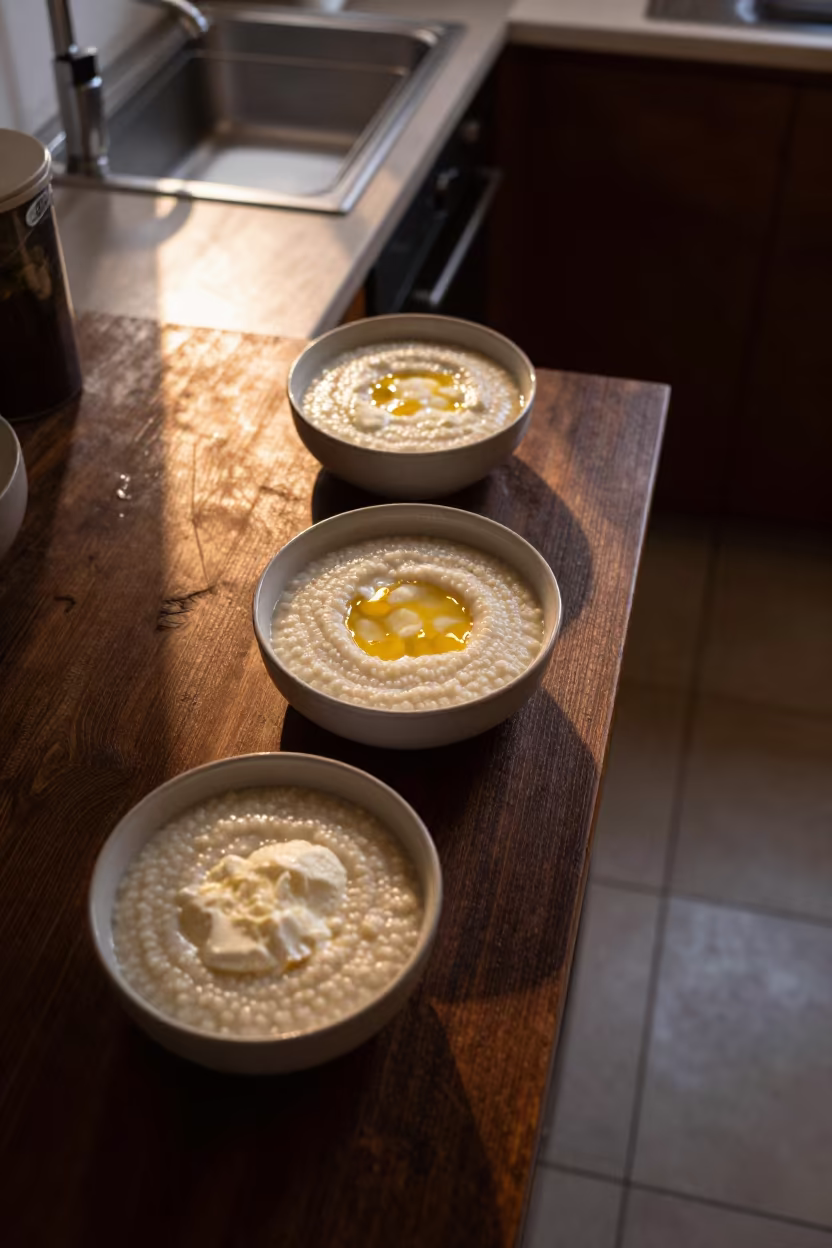 Montenegrin Kacamak Porridge with Cheese Sunset in on a kitchen worktop in Kyoto