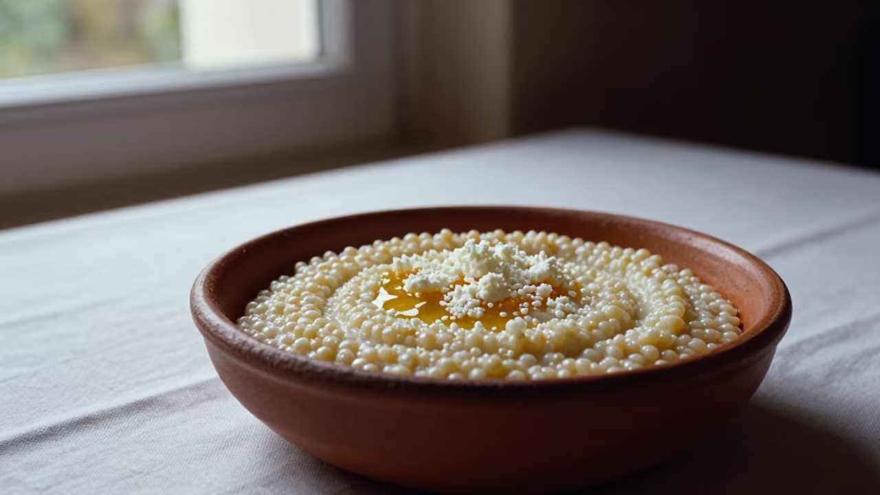 Montenegrin kacamak corn porridge with cheese in on a linen-covered restaurant table in Vijayapura