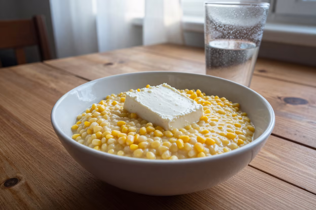 Montenegrin Kacamak Porridge with Cheese in on a rustic wooden table in Skopje