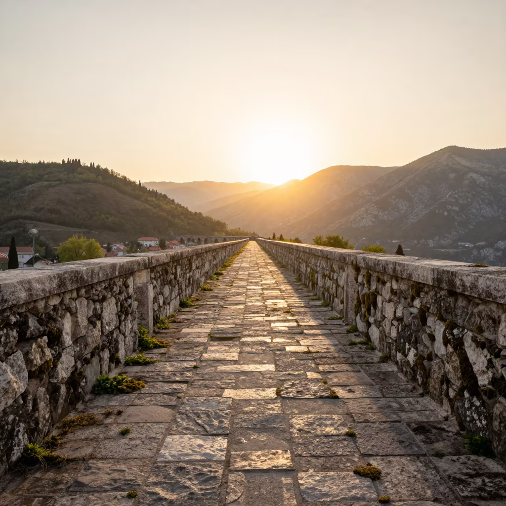 Montenegro Aqueduct Parapet Moss Golden Hour in across a windy overpass interchange in Montenegro