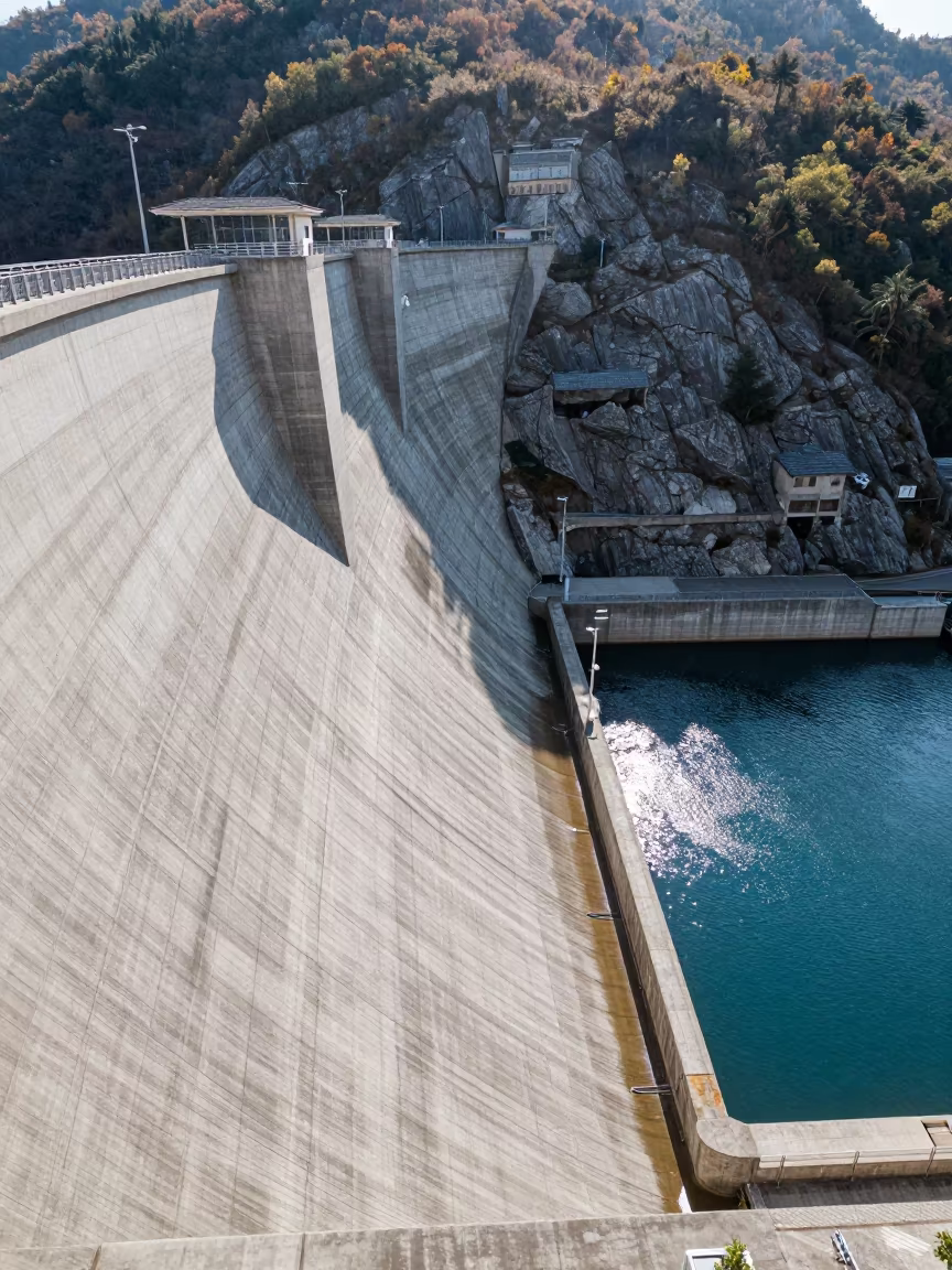 Montenegro Dam Wall Bird's Eye View Late Morning in beside a hydroelectric intake in Montenegro