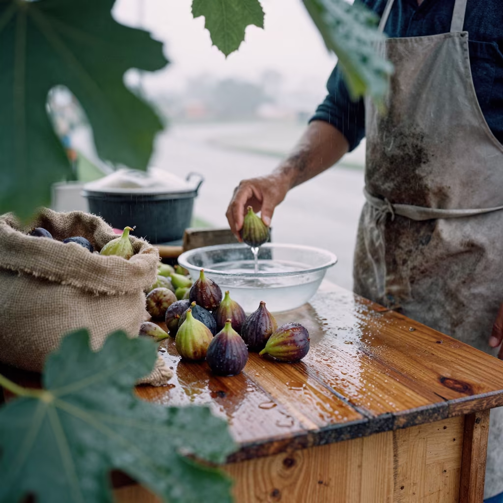 Montero Stallholder Washes Figs in Dawn Drizzle in at a market stall in Montero