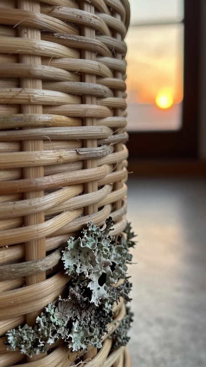 Monterrey Reed Basket Macro in Honey Light in on lichen-covered bark in Monterrey