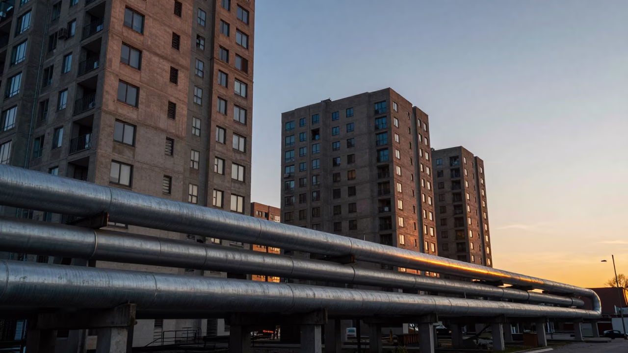 Montreal Apartment Blocks at As The Sun Drops Toward The Horizon in in Montreal, Quebec, Canada