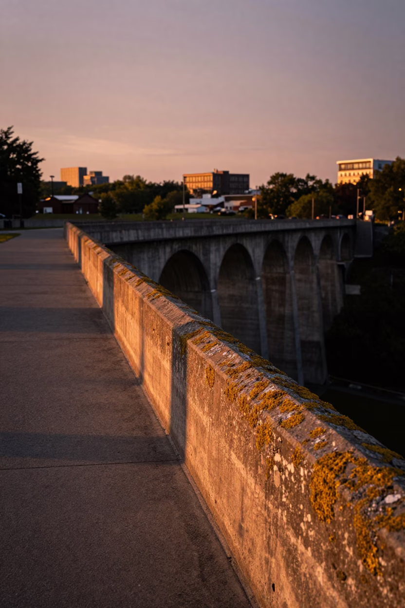 Montreal Aqueduct Lichen Parapets in Copper Dusk Light in in Montreal, Quebec, Canada