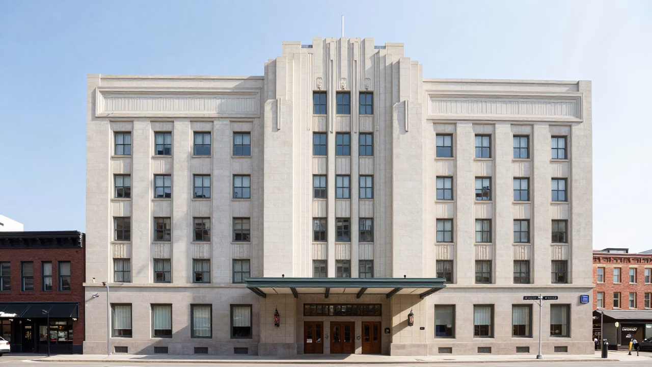 Montreal Art Deco Hotel Facade Under Flat Noon Light with Bridge Maintenance Cradle in in Montreal, Quebec, Canada