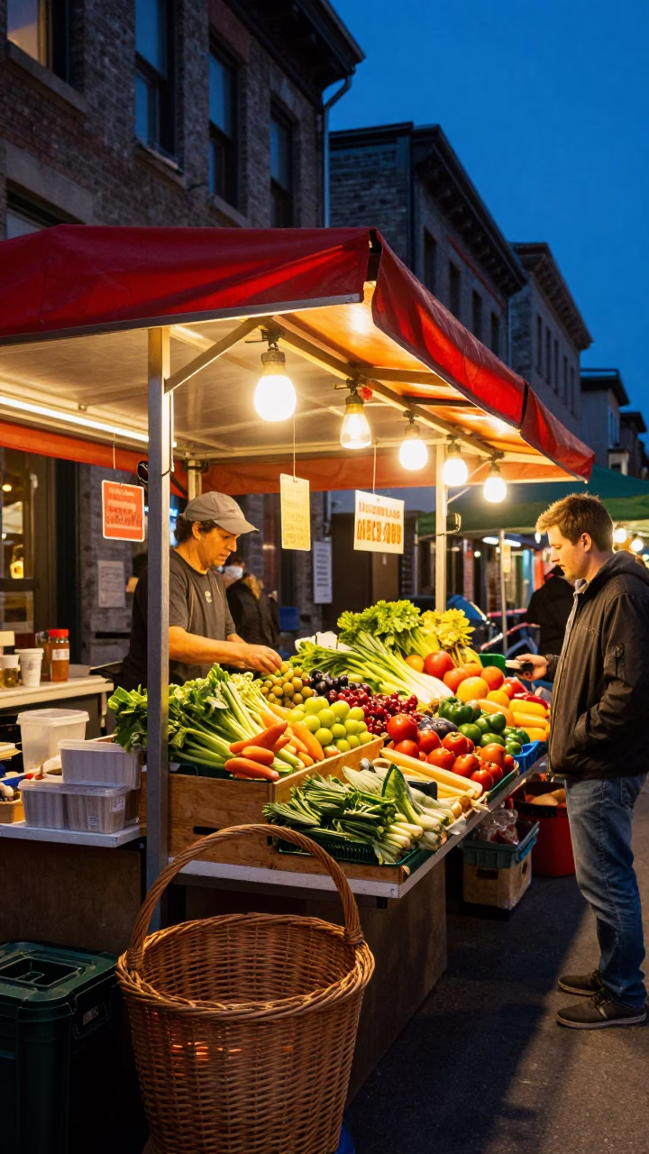 Montreal Atwater Market Stall Twilight Scene with Wicker Basket Shadow and Tea Stains in in Montreal, Quebec, Canada