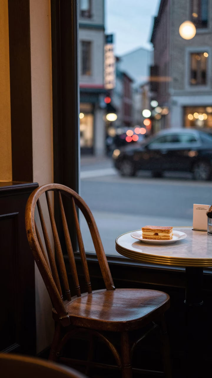 Montreal Bistro Evening Scene with Spindle Chair and Mille-Feuille Dessert in in Montreal, Quebec, Canada