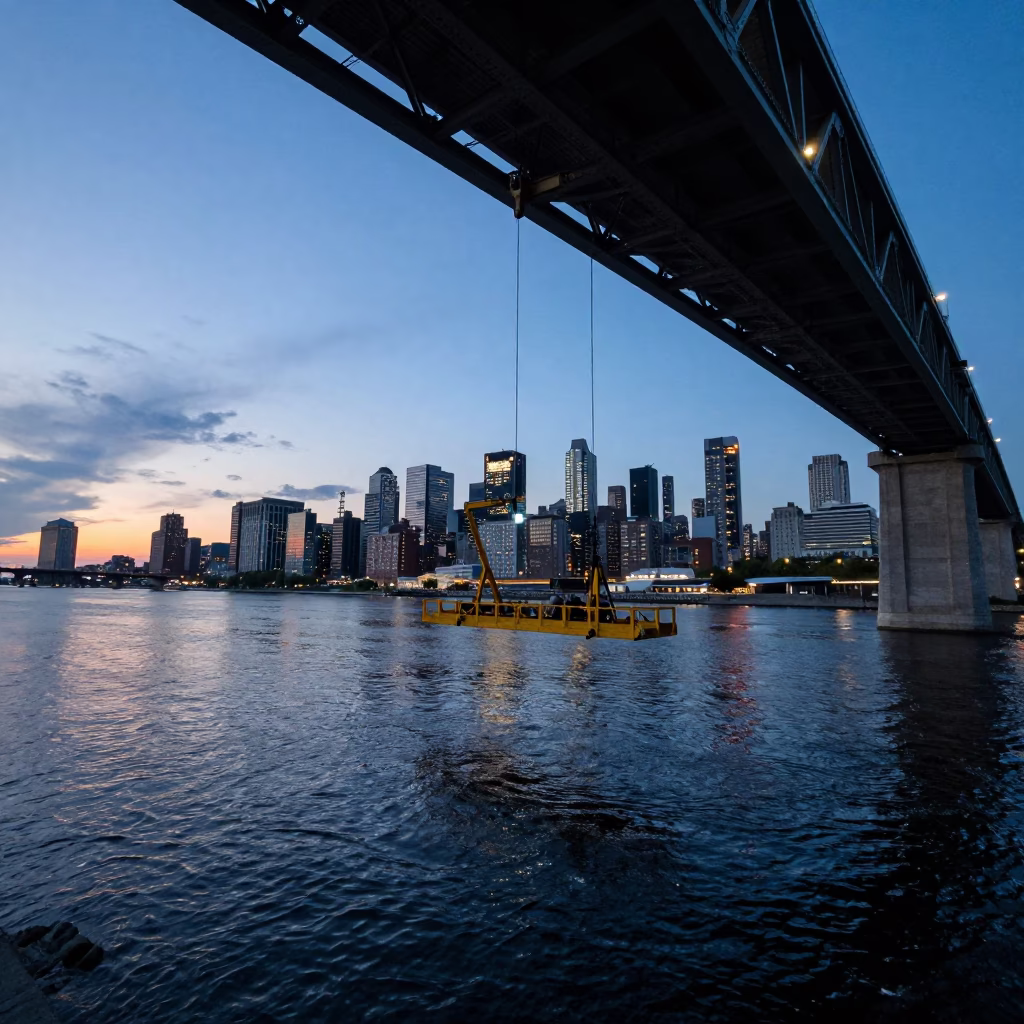 Montreal Blue Hour Bridge Maintenance Cradle Hanging Over River Water in in Montreal, Quebec, Canada