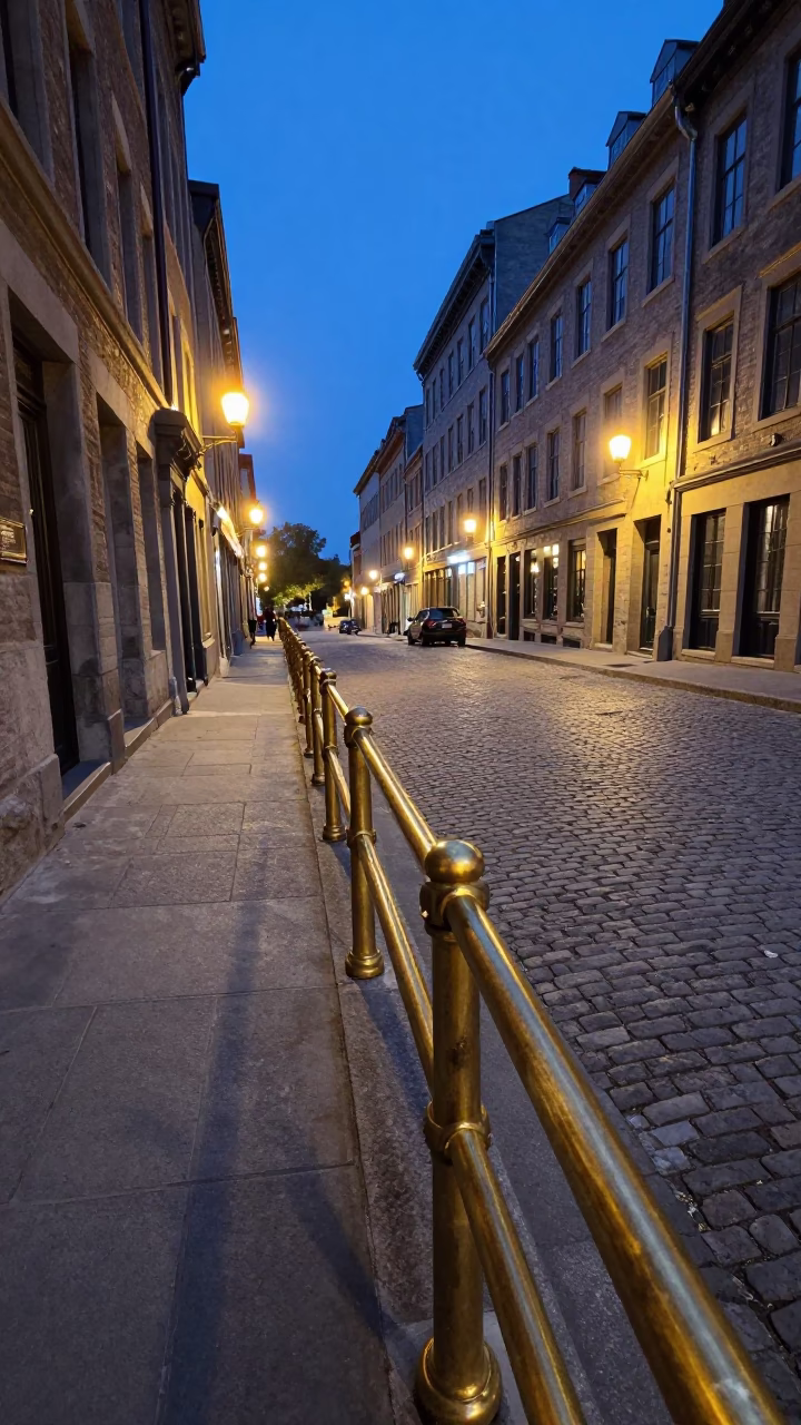 Montreal Blue Hour Street Scene with Brass Rail and Urban Atmosphere in in Montreal, Quebec, Canada