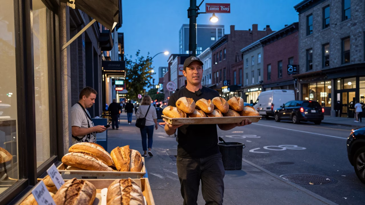 Montreal Blue Hour Street Scene with Bread Loaves and Urban Life in in Montreal, Quebec, Canada