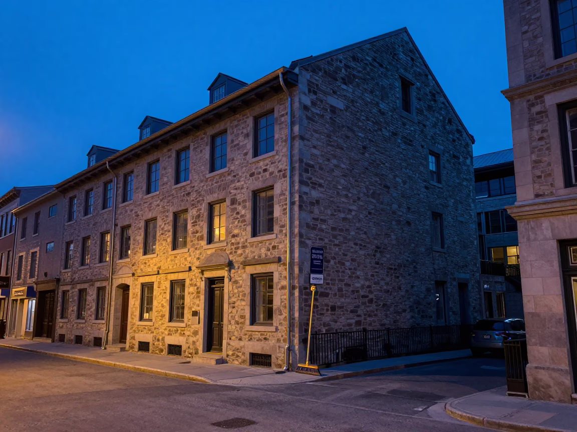 Montreal Blue Hour Street Scene with Broom and Urban Architecture in in Montreal, Quebec, Canada