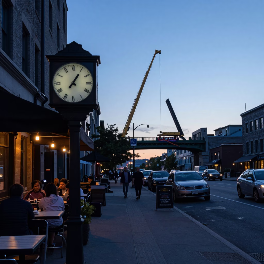 Montreal Blue Hour Street Scene with Chess Clock and Bridge Maintenance Cage in in Montreal, Quebec, Canada