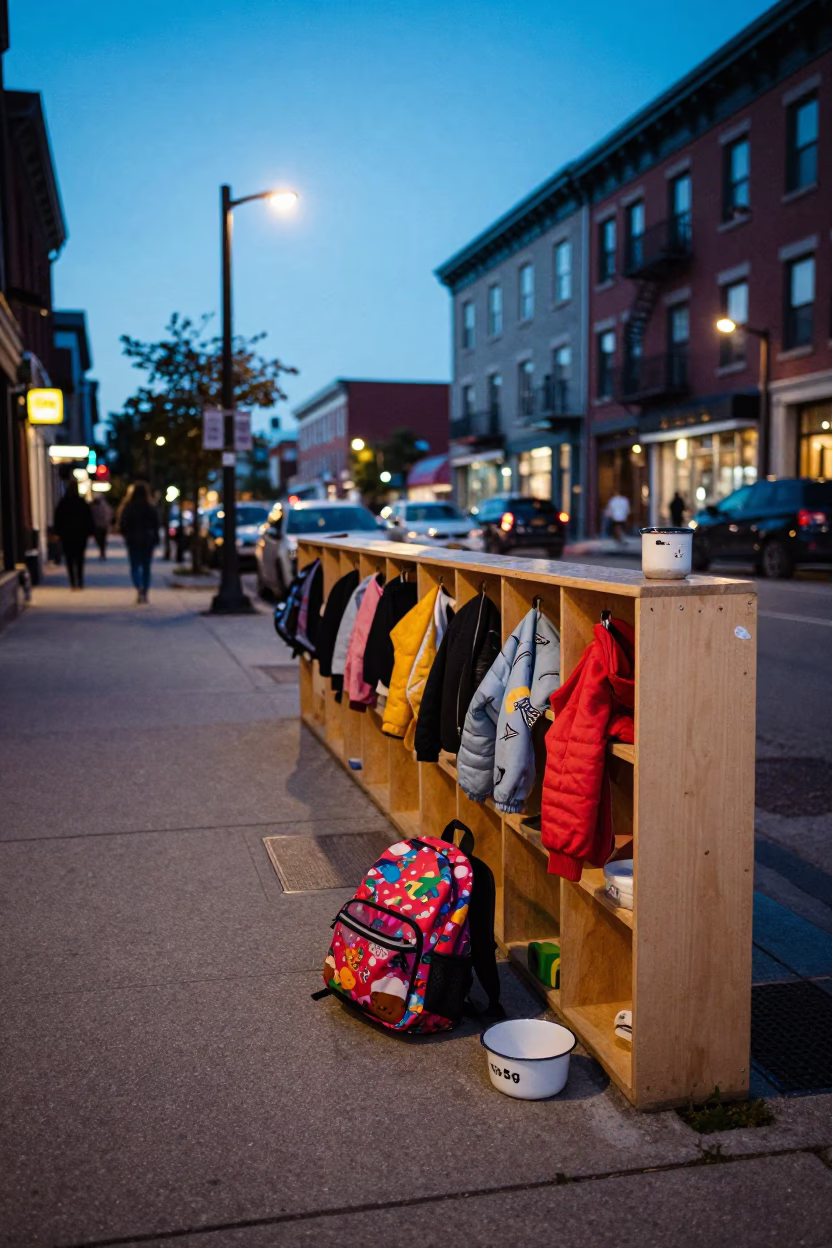 Montreal Blue Hour Street Scene with Child's Backpack and Enamel Bowl in in Montreal, Quebec, Canada