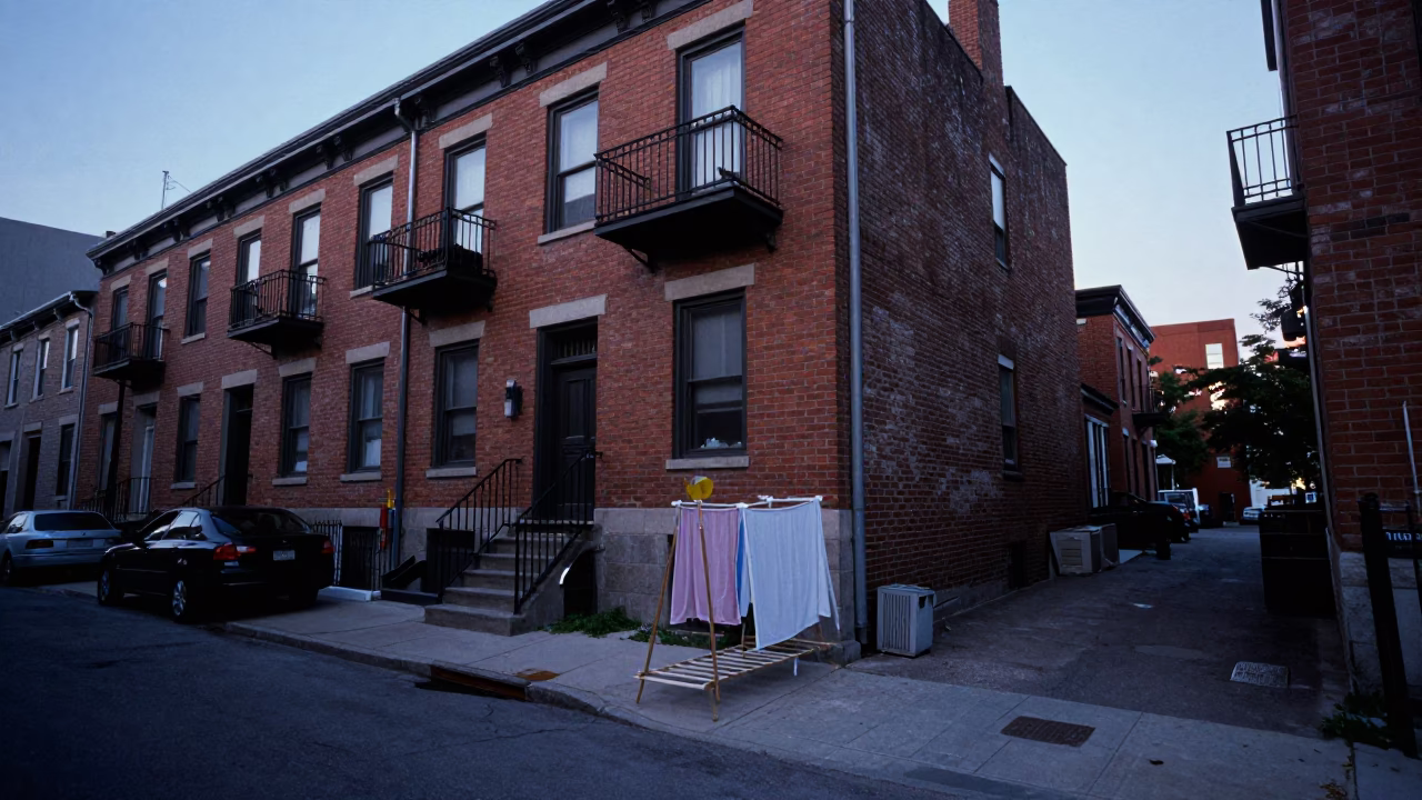 Montreal Blue Hour Street Scene with Drying Rack and Urban Architecture in in Montreal, Quebec, Canada