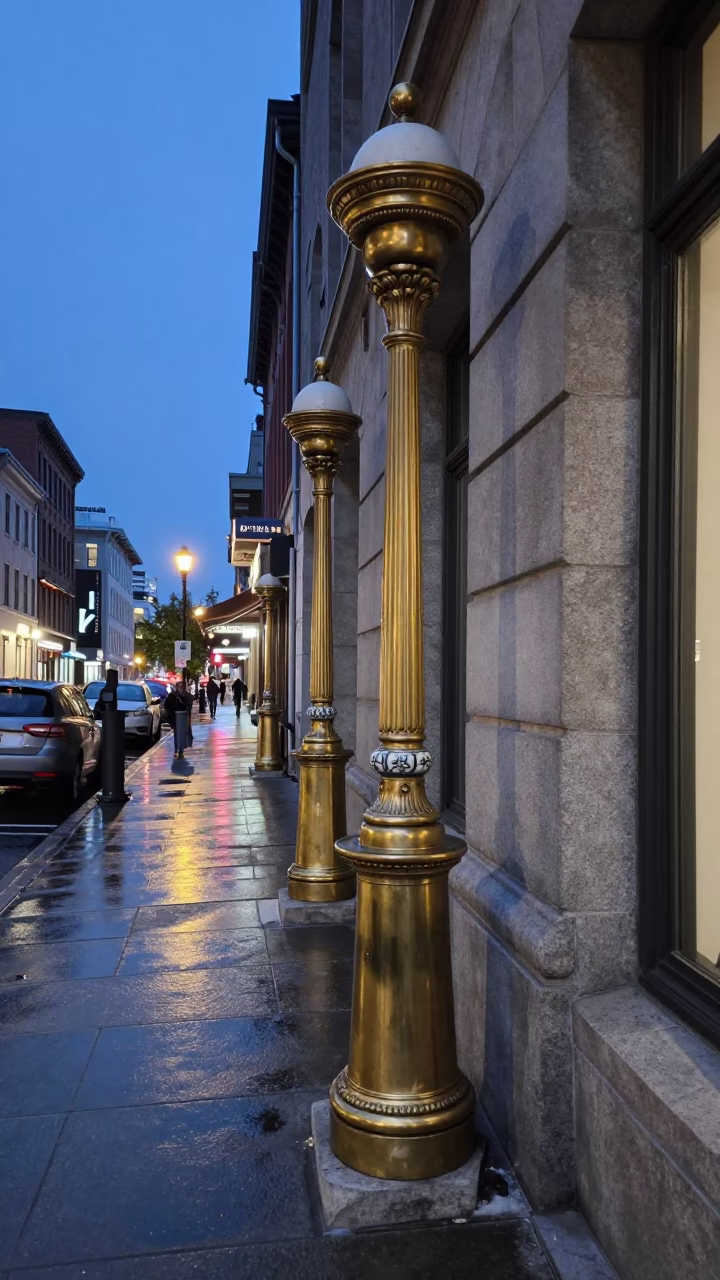 Montreal Blue Hour Street Scene with Polished Brass and Ceramic Details in in Montreal, Quebec, Canada