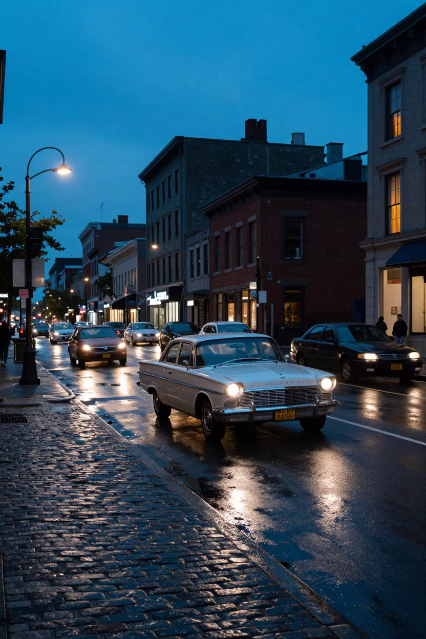 Montreal Blue Hour Street Scene with Vintage 1960s Cars and Urban Architecture in in Montreal, Quebec, Canada