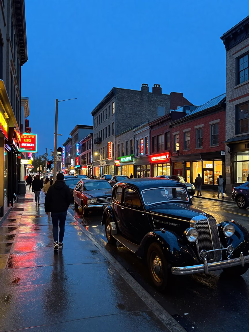 Montreal Blue Hour Street Scene with Vintage Cars and Pedestrians Near Square in in Montreal, Quebec, Canada