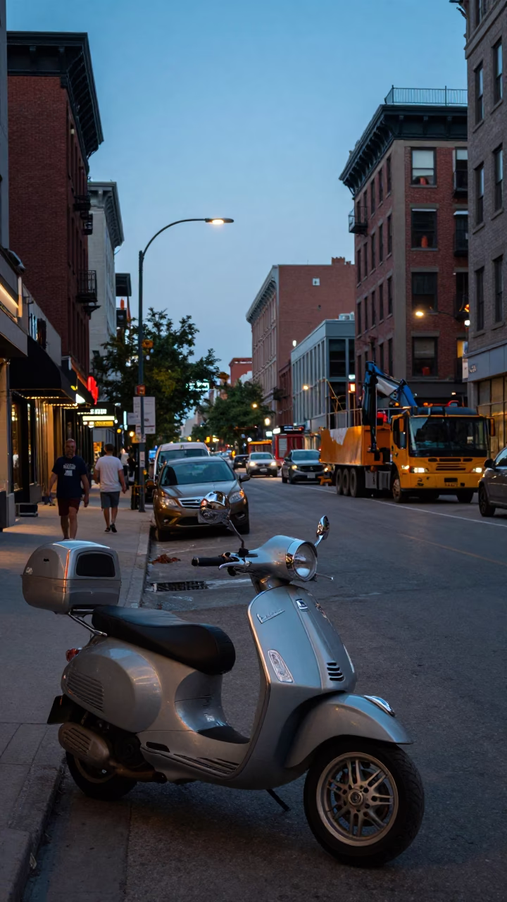 Montreal Blue Hour Street Scene with Vintage Vespa and Construction Activity in in Montreal, Quebec, Canada
