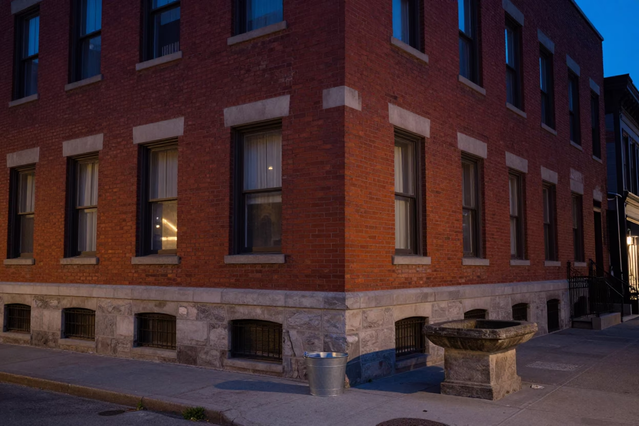 Montreal Brick Building Facade at Twilight in in Montreal, Quebec, Canada