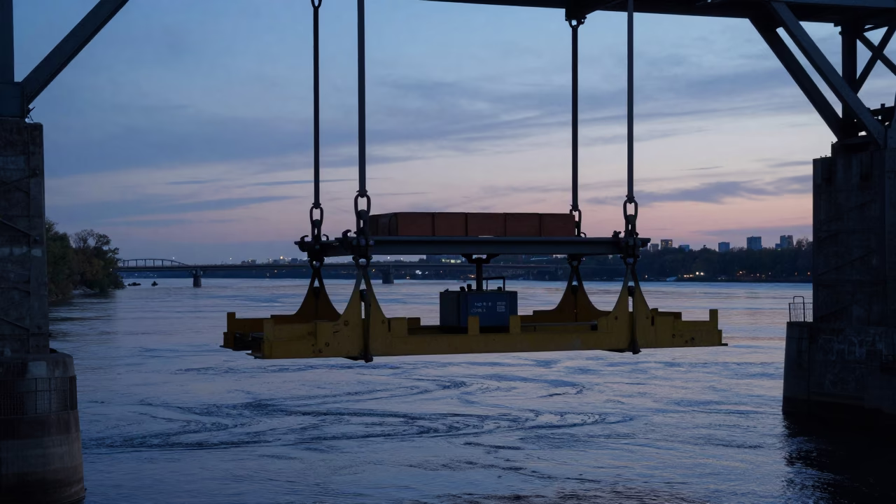 Montreal Bridge Maintenance Cradle Hanging Over Cold River Water in Predawn Darkness in in Montreal, Quebec, Canada