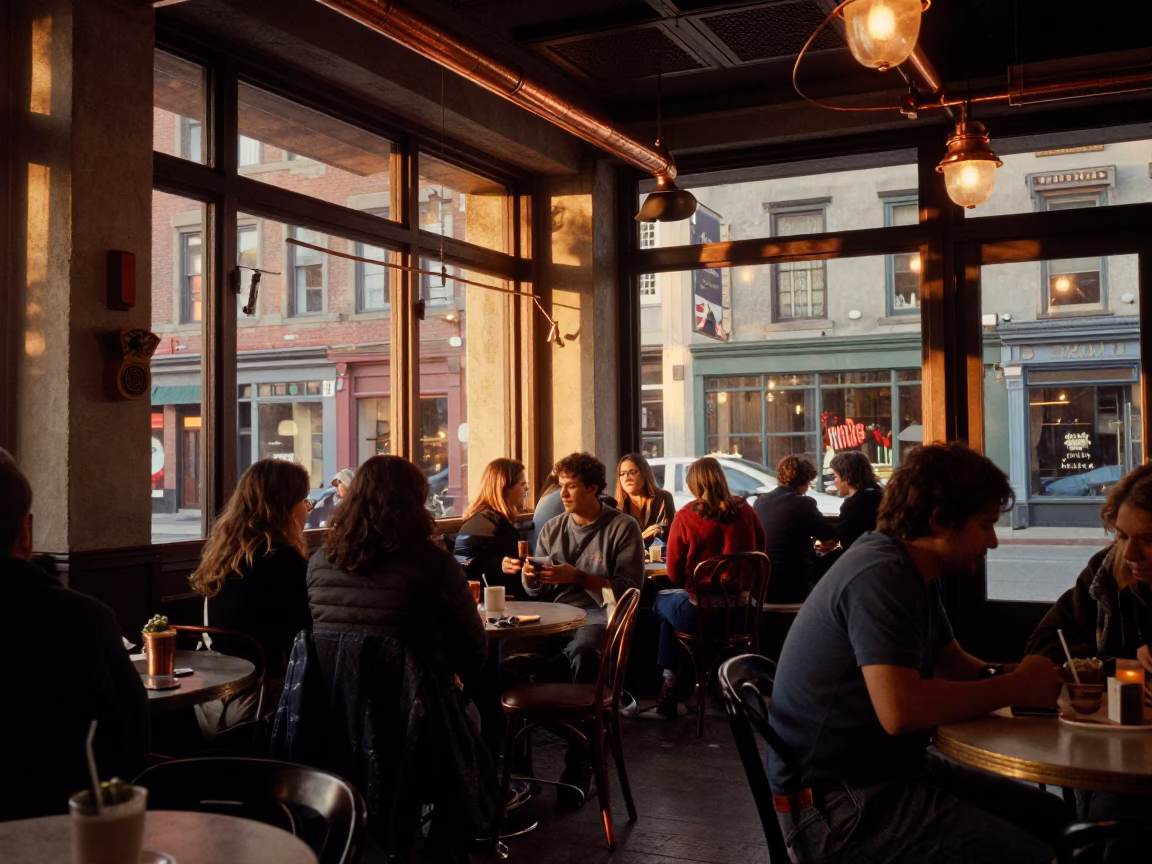 Montreal Cafe Interior with Copper Light and Vintage Details in in Montreal, Quebec, Canada