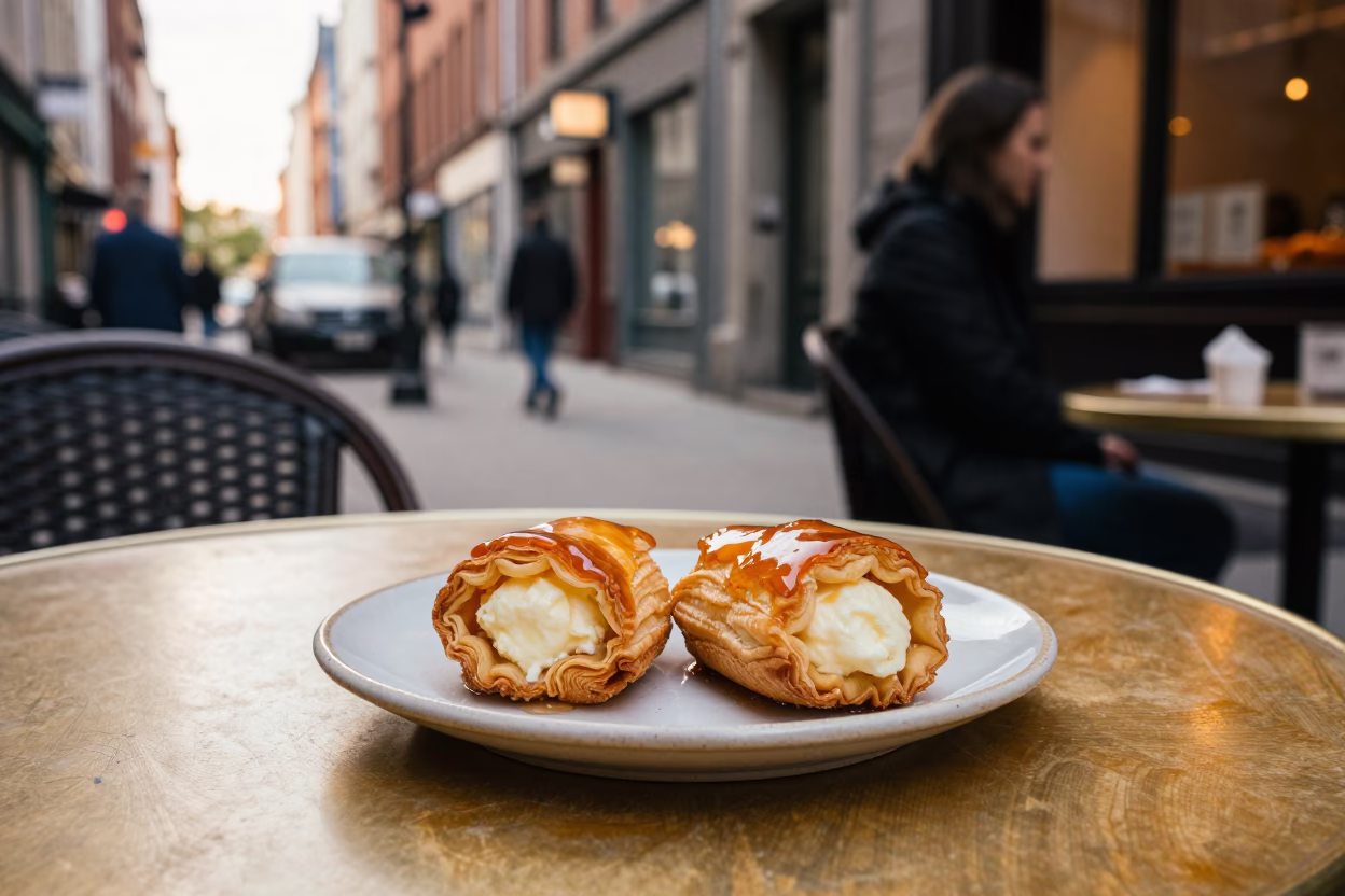 Montreal Cafe Street Scene with Sfogliatelle Pastry in Honeyed Evening Light in in Montreal, Quebec, Canada