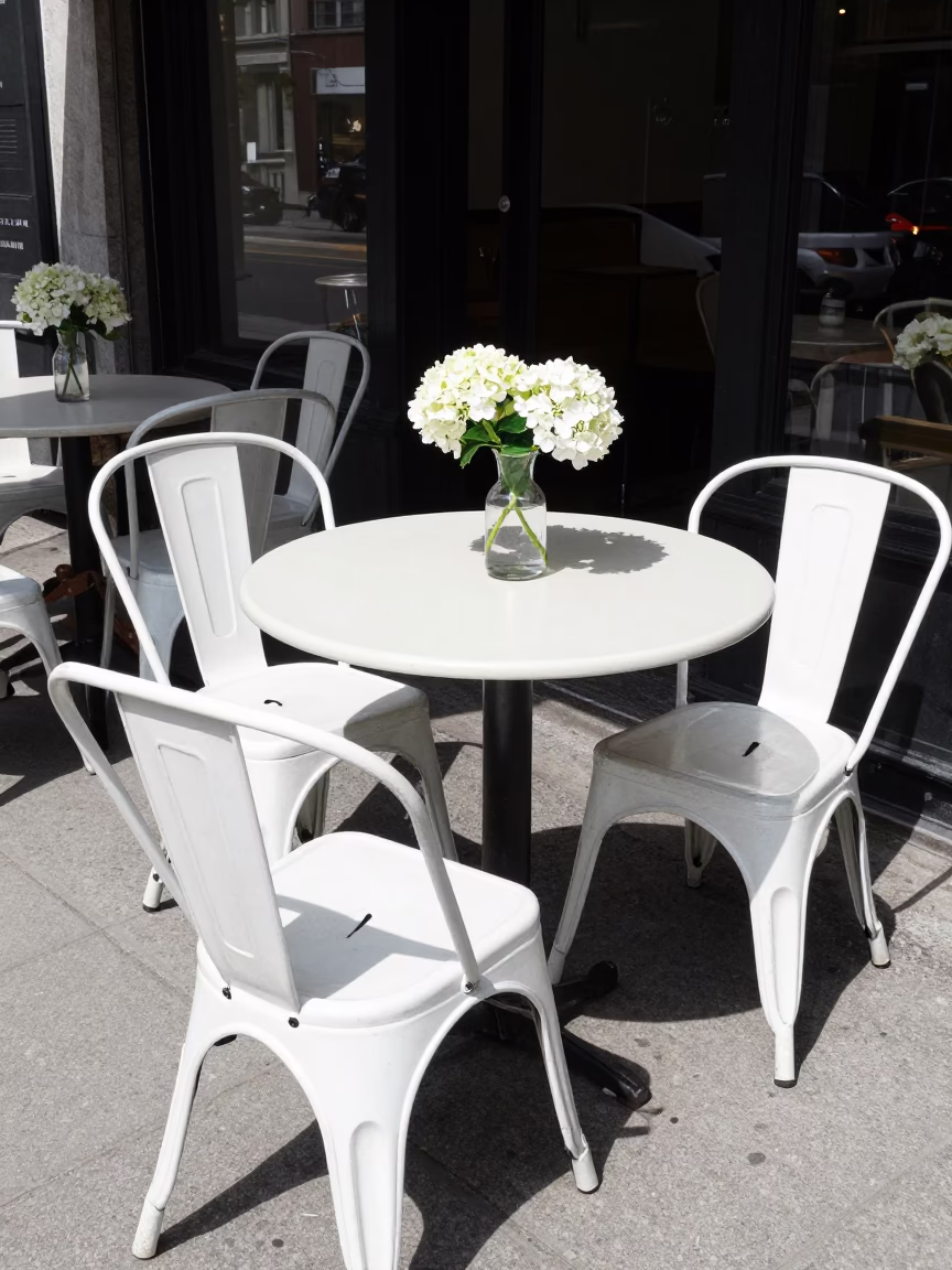 Montreal Cafe Table at Flat Noon Light in in Montreal, Quebec, Canada