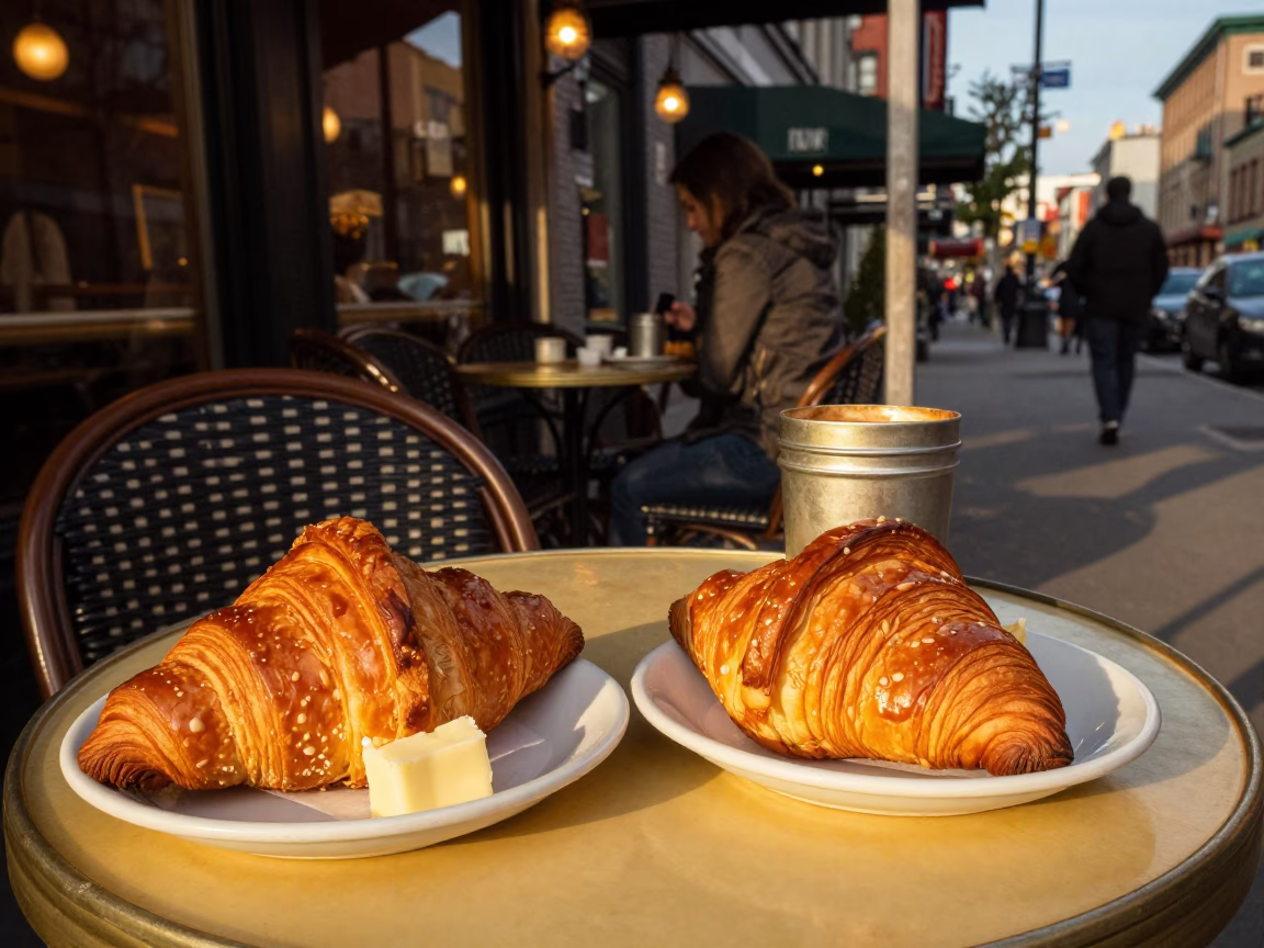 Montreal Café Terrace Evening with Croissants and Coffee Tin in in Montreal, Quebec, Canada
