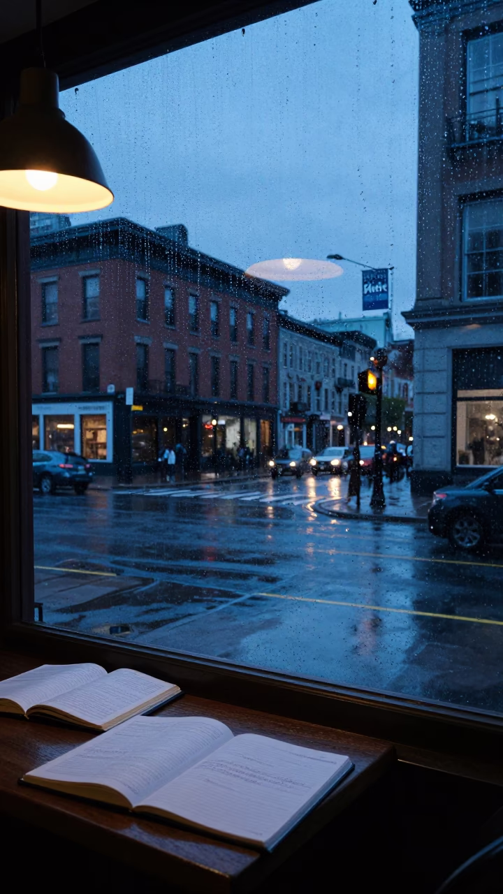 Montreal Cafe Window Tea Stains Indigo Twilight Urban Street Scene in in Montreal, Quebec, Canada