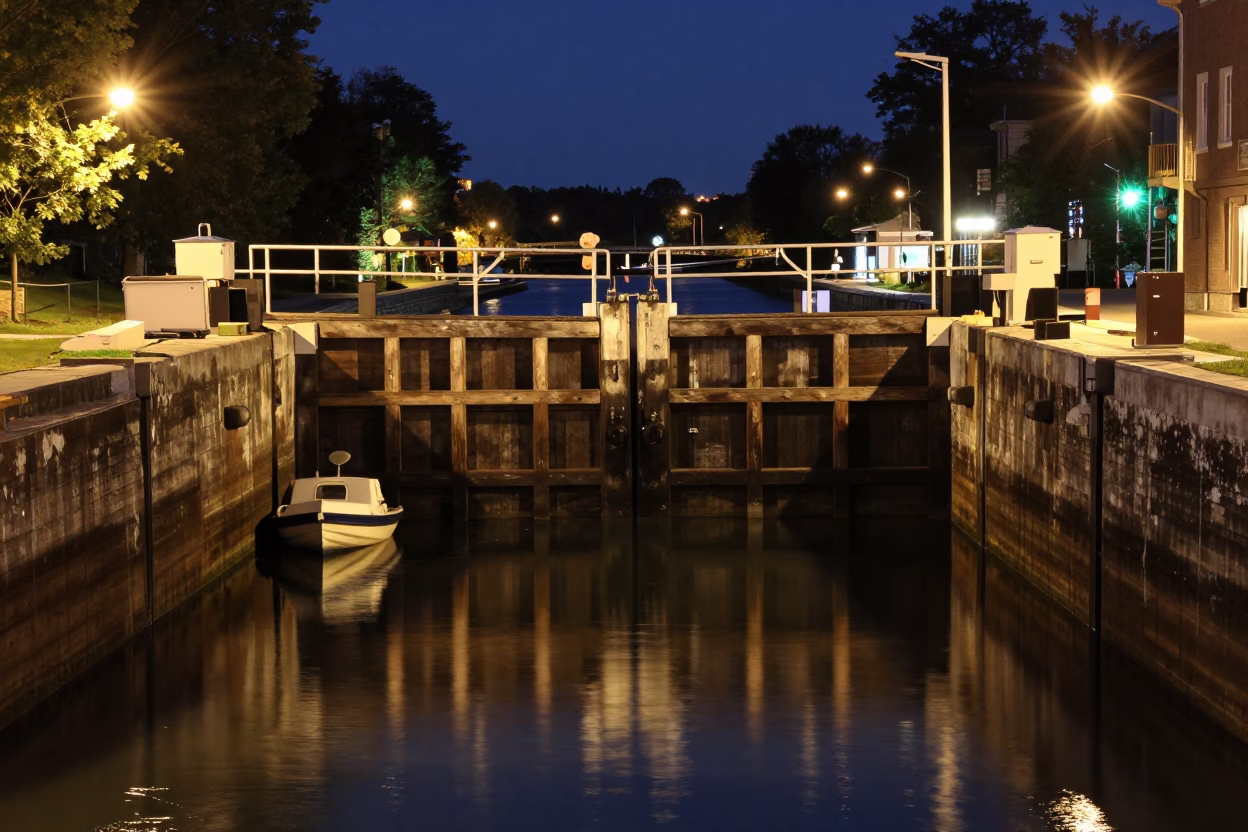 Montreal Canal Lock at Night Wooden Gates Rowboat Reflections in Quebec Canada in in Montreal, Quebec, Canada