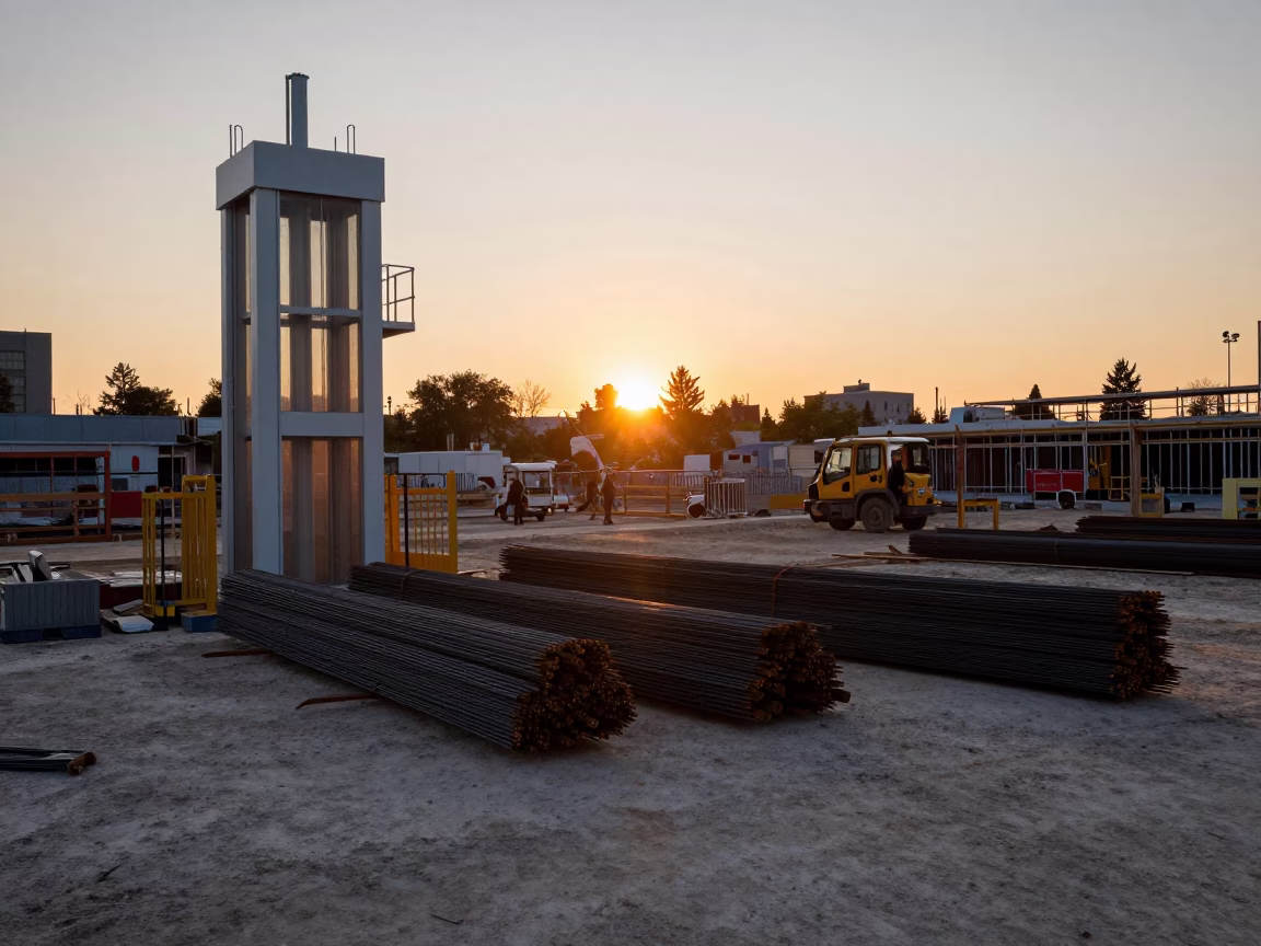 Montreal Construction Site at Dusk with Rebar Bundles and Urban Skyline in in Montreal, Quebec, Canada