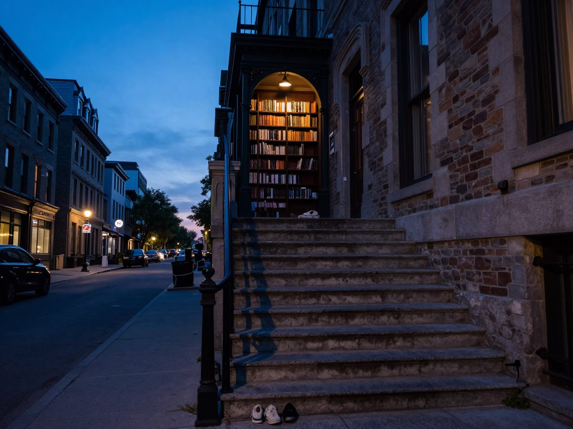 Montreal Dawn Horizon Shot with School Staircase and Library Ladder Elements in in Montreal, Quebec, Canada